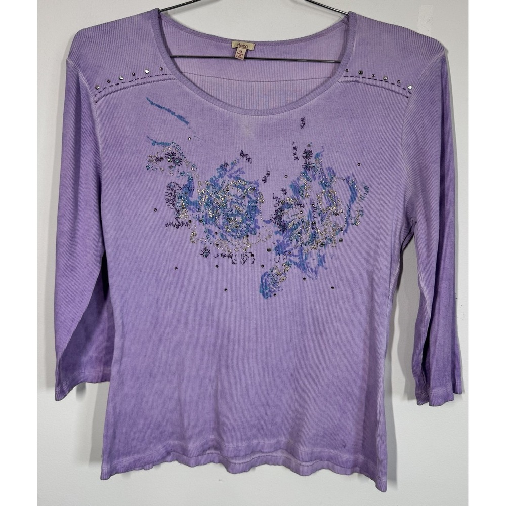 Reba Lavender Ribbed Embellished 3/4 Sleeve Blingy Top Size XL Western Glam Chic